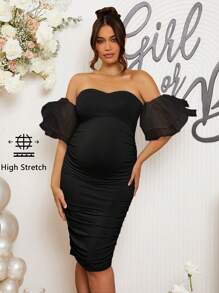 Loomaby Maternity Off-Shoulder Ruffled Bodycon Party Dress - Black - View 1