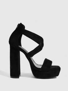 Cuccoo CUCCOO LuxiPop Women's Fashion Black Suede-Like Straps Combo Rear Zipper Convenient Slip-On, Stable Thick Platform Chunky High Heel Sandals, Suitable For Commute, Date, Party, Holiday, Music Festival, Wedding