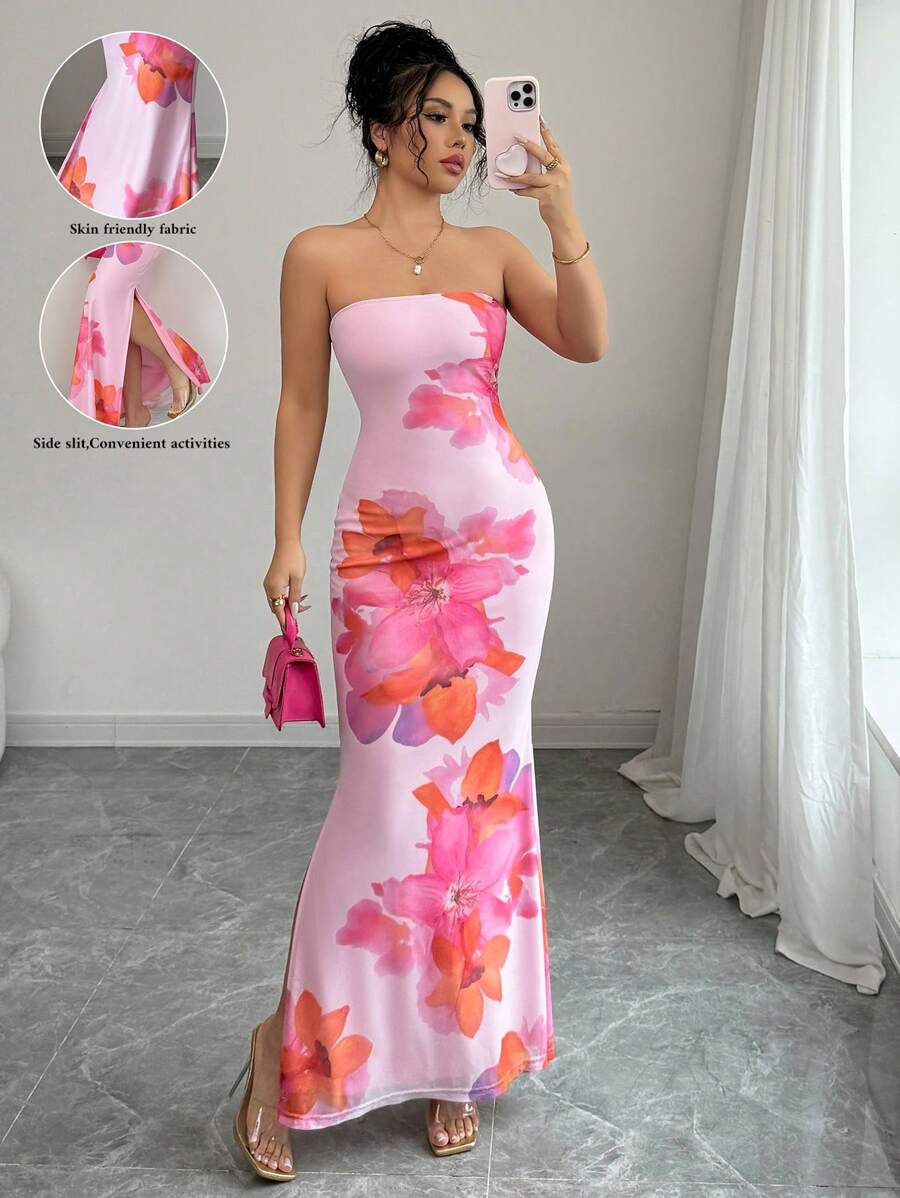 Elenzga Women's Floral Print Strapless Bodycon Mini Dress, Suitable For Beach Holiday In Summer - Pink - View 1