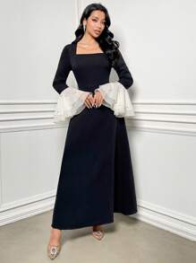 Modelyn 女士方领网纱喇叭袖优雅连衣裙 - 黑與白 - 查看 6