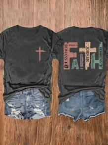 SHEIN CURVE+ Camiseta de manga corta y cuello redondo con estampado "Faith" en talla grande, camisetas gráficas de verano para mujer - Gris Oscuro - Ver 1