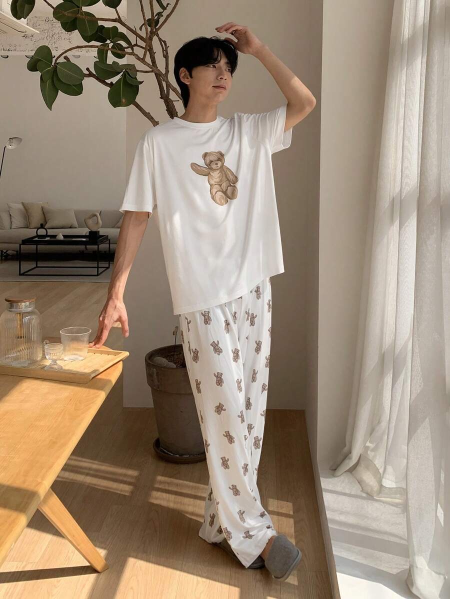 DAZY Bear Graphics T-Shirt Matching Men's Homewear Set, Spring/Summer - Multicolor - View 1