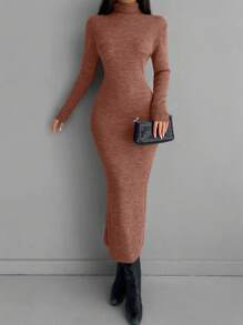 EURMUSE High Neck Ribbed Knit Jumper Dress Without Belt - Pink - View 5