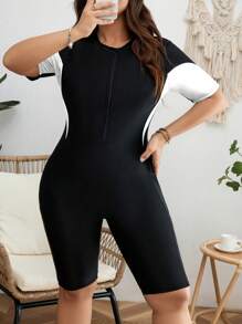 Swim SPRTY 大码女式短袖拼色连体裤休闲时尚冲浪泳衣