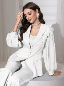 Modelyn 2pcs Women Set: Chiffon Pleated Bow Suit Jacket + Long Pants, Spring/Summer - White - View 1