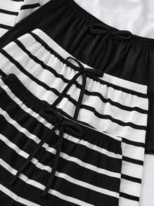 Shein Underwear&Sleepwear Basics 3-Piece Stripe Casual Short Sleeve Top And Shorts Women Pajama Set