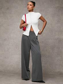 SHEIN BAE Áo thun nữ cổ bẻ tay lỡ màu trơn, cài nút đơn giản, áo thun nữ hàng ngày, áo thun Jersey cài nút - trắng - Xem 7