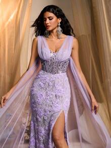 Glamrae 优雅华丽的薰衣草亮片刺绣拼接立体花朵蕾丝宽肩带V领腰部性感高开叉鱼尾飘逸拖尾下摆女士正式晚礼服、派对礼服、长袍、晚会礼服、婚礼宾客礼服 - 紫色 - 查看 4