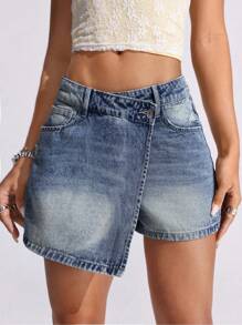 SHEIN EZwear Women's Asymmetric Hem Casual Denim Skirt With Pockets - Medium Wash - View 6