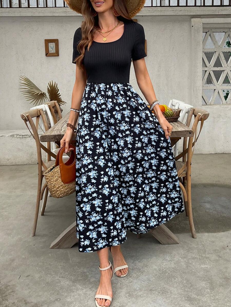 EMERY ROSE Vestido largo con escote cuadrado y línea A con estampado floral diminuto para mujeres