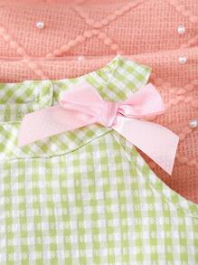 SHEIN 女宝宝可爱刺绣花卉格子无袖上衣和裤子套装，春夏 - 綠色 - 查看 3