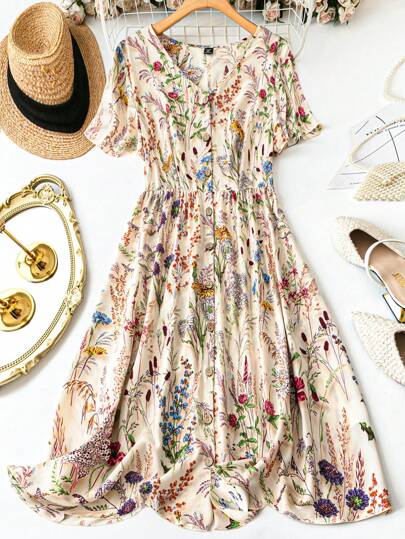 Rometta Court Retro Plus Size Casual Ink Flower Printed Front Button-Up Dress For Spring Summer Maxi Women Outfit