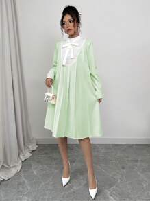 Elenzga 1pc Women Solid Color Patchwork Tie-Up Long Sleeve Elegant Dress Fall Cloth For Women