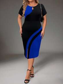 Plus Size Elegant Commuter Colorblock Patchwork Fitted Dress - Multicolor - View 4
