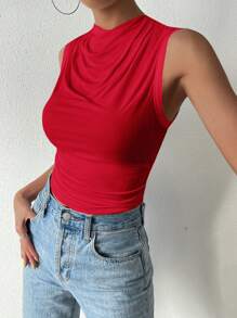 SHEIN Privé 夏季休闲纯色褶饰贴身吊带背心 - 紅色 - 查看 4