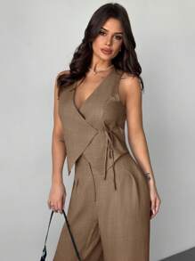 Firerie Festival New Simple & Elegant Daily Office Linen Color Solid Wrap Tie Waist Vest & High Waist Pleated Wide Leg Long Pants Suit, Office Wear Vest Suit Set, Spring/Summer,Business Casual Woman In Fall/Winter - Mocha Brown - View 7