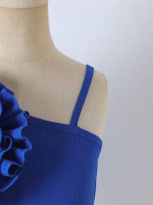 SHEIN Bộ 2 chiếc/Bộ áo ba lỗ và váy trang trí hoa một bên vai cho bé gái - Màu xanh lam - Xem 6