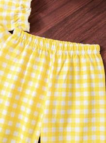SHEIN 2 件套女婴经典格子上衣带口袋和休闲裤睡衣套装 - 黃色 - 查看 8