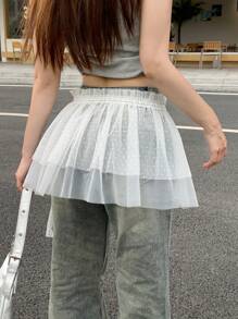 DAZY 女士波尔卡圆点不对称网眼裹身裙，时尚百搭的秋季裙子 - 白色 - 查看 3