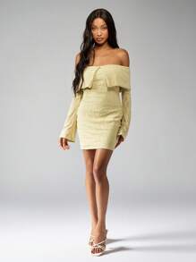 MISSGUIDED Off Shoulder Bardot Mini Dress Lace Textured Elegant Ruched Long Bell Sleeve Party Evening Special Occasion Spring Summer - Yellow - View 3