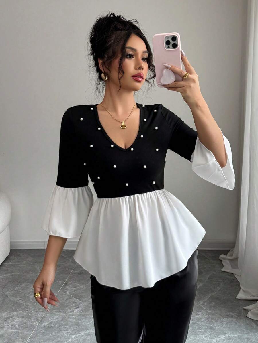 Elenzga Women's Commuting Minimalist Faux Pearl Decor Bell Sleeve Fashion T-Shirt - Black - View 1