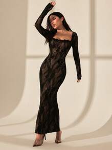 SHEIN PETITE Women's New Summer Party Date Evening Sexy S-Shaped Lace Long-Sleeved Breast Cup Fishbone Square Neck Tight Bodycon Black Maxi Dress - Black - View 5