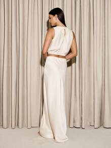 AiiRZ Luxury Satin Two-Piece Set Sleeveless Bubble Crop Top With Maxi Skirt Evening Wedding Guest Party Formal Occasion Summer Co-Ord Set