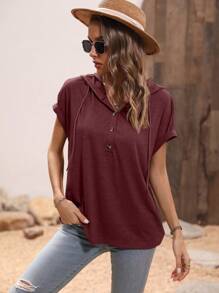 SHEIN LUNE Women Solid Color Batwing Short Sleeve Casual Loose Hoodie T-Shirt