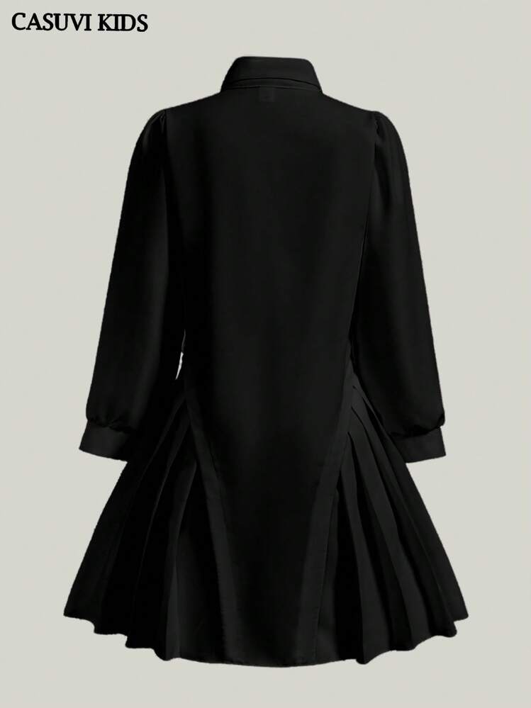Explorewe Vestido fruncido con mangas largas abullonadas y cuello de camisa abotonada, apropiado para uso casual en primavera y verano - Negro - Añade 2