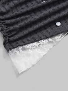 ROMWE Kawaii Women Cute Sweet Floral Grey Ribbed Contrast Lace Trim Fitted Ruffled Tie Front Slim Top Tee Shirt - Dark Grey - View 4