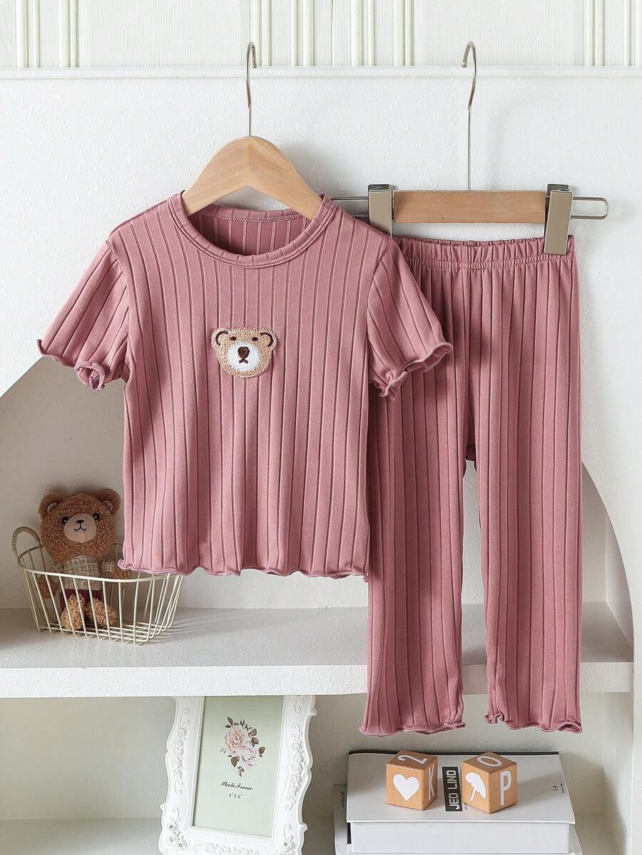 2pcs Infant/Toddler Girls' Cute Bear Pattern Ribbed Trim Sweet Short Sleeve Top And Pants Casual Homewear Set, Spring/Summer - Rusty Rose - View 1