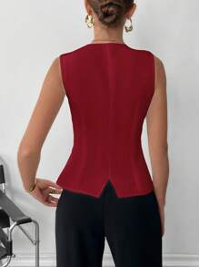 SHEIN Essnce 女士时尚无袖金属扣背心 - 紅色 - 查看 5