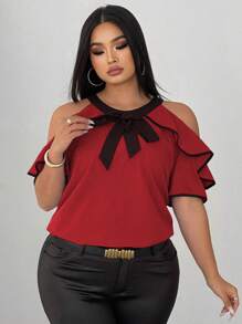 Elenzga Blusa elegante de manga corta con detalles de encaje y bloques de color para mujer