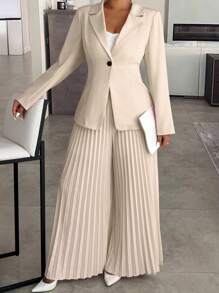 Elenzga Ensemble femme grande taille composé d'une veste à col cranté à manches longues de couleur unie mouchetée et d'un pantalon évasé plissé