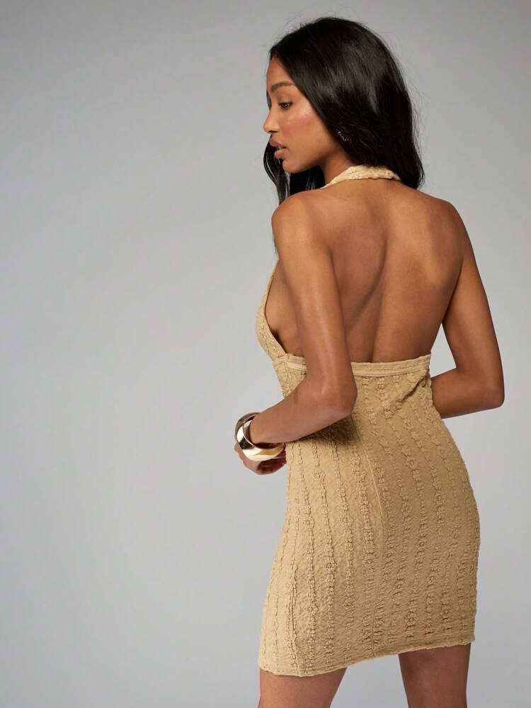 MISSGUIDED Plunge Halter Neck Mini Dress Crochet Knit Resort Wear Metallic Shell Buckle Detail Summer Party Club Occasion Wear
