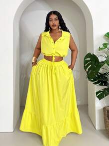 Slaydiva 2 件套大码女式无袖短款上衣和 A 字裙套装，通勤装 2025 年新品 - 黃色 - 查看 4