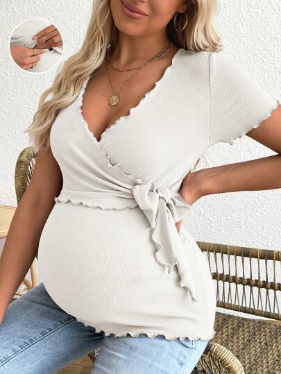 SHEIN 孕妇 V 领短袖 T 恤，纯色简约风格，夏季