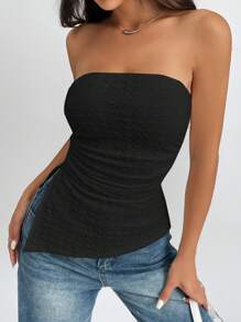 SHEIN PETITE Women's Black Strapless Textured Tube Top With Ruched Detail And Asymmetrical Hem - Black - View 1