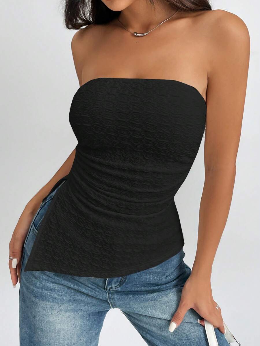 SHEIN PETITE Women's Black Strapless Textured Tube Top With Ruched Detail And Asymmetrical Hem - Black - View 1