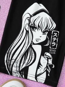 The Winx X SHEIN 少女卡通公主炫酷图案黑色舒适紧身裤