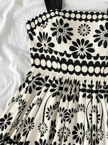 Truni Vestido mini acampanado de talla grande para mujer con estampado retro geométrico negro, tirantes y cintura ceñida para vacaciones - Multicolor - Ver 4