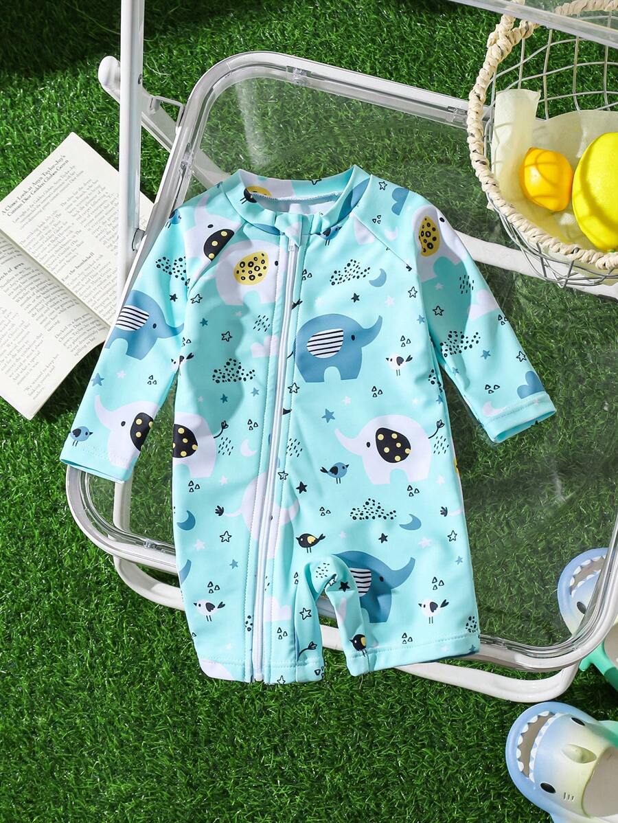 Đồ bơi liền thân cho trẻ sơ sinh có khóa kéo, hình động vật dễ thương, hình sao và mặt trăng in ngẫu nhiên, đồ bơi thiết yếu cho trẻ sơ sinh khi bơi - Nhiều màu - Xem 1