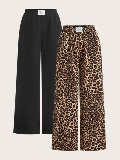 SHEIN EZwear Plus Size Leopard Print Black Casual Pants