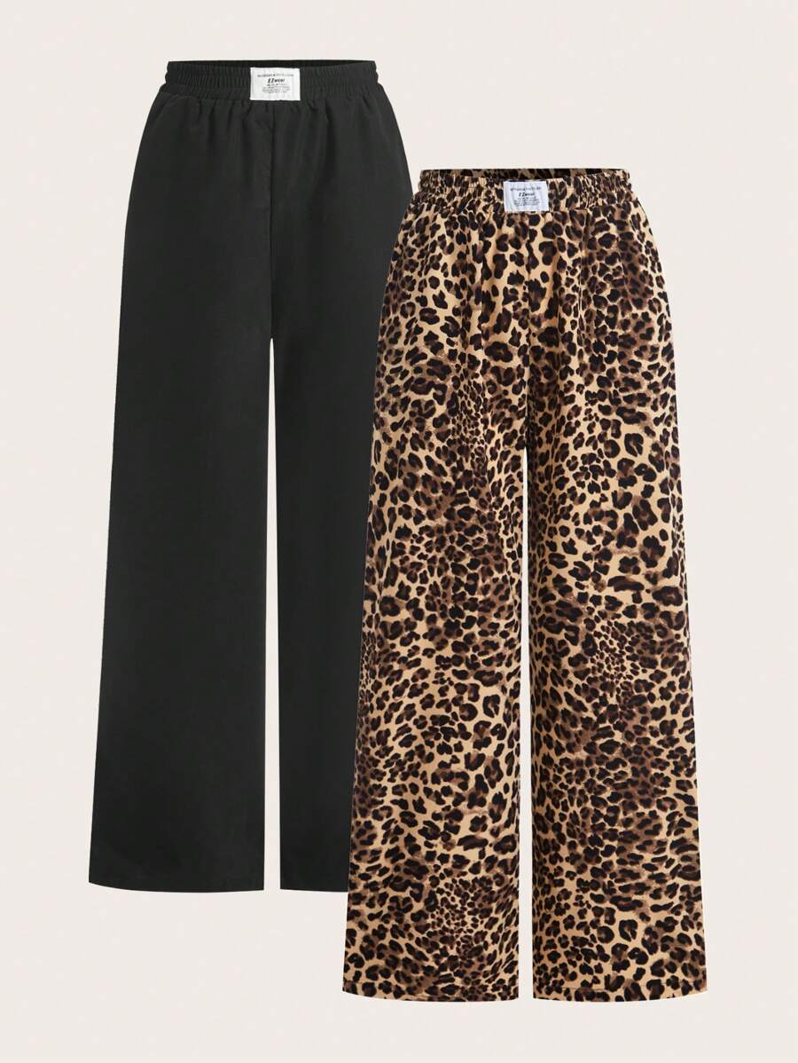 SHEIN EZwear Quần dài đen in họa tiết da báo cỡ lớn kiểu dáng thường ngày - Nhiều màu - Xem 1