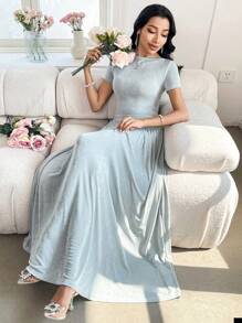 Modelyn Vestido de manga corta con lazo en la espalda de unicolor para mujer - verde menta - Ver 2