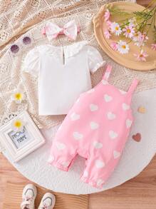 3pcs/Set Toddler Girls White Embroidered Collar Short Sleeve Top, Heart Print Overall Jumpsuit, And Headband, Summer Outfit - Pink - View 2