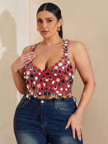 SHEIN BAE Plus Size Women's Party Crop Top, Woven Fabric, Spaghetti Strap, Contrast Sequin, Red Color - Red - View 7