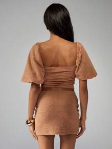 MISSGUIDED Milkmaid Co-Ord Set Square Neck Puff Sleeve Crop Top With High Rise Mini Skirt Two Piece Outfit Textured Autumn Spring Party Summer - Brown - View 2