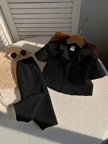 男婴休闲韩版纯色提花翻领短袖上衣和裤子 2 件套，适合居家、户外、度假穿着、夏季 - 黑色 - 查看 6