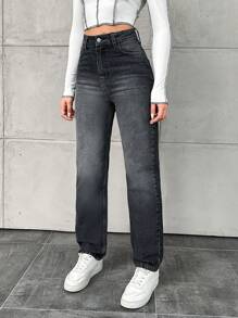 EURMUSE Women'S Straight Leg Jeans With Washed Effect - Grey - View 3